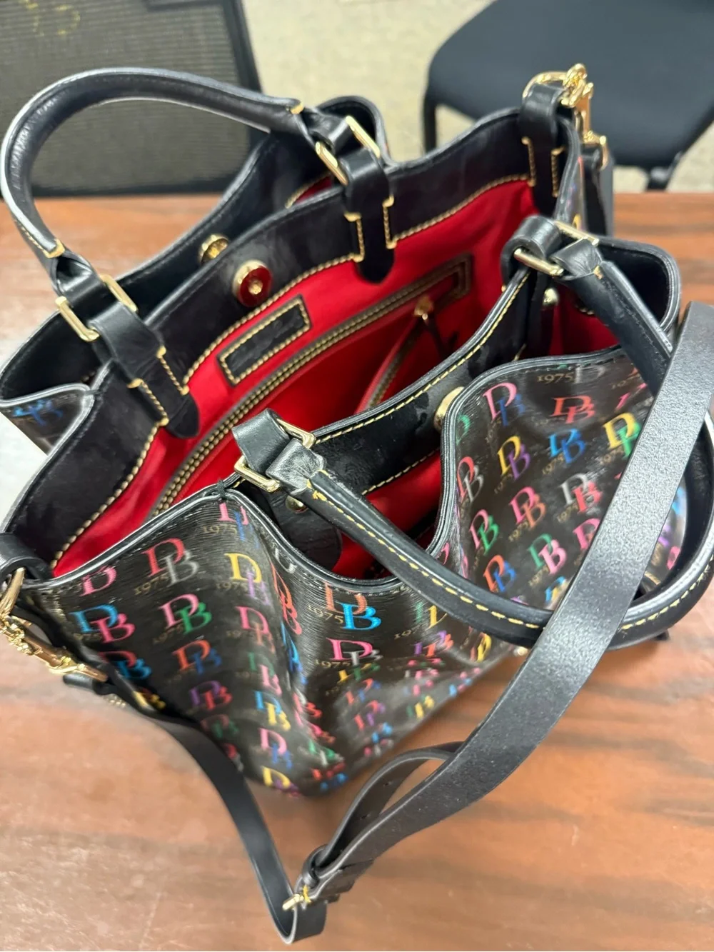 Dooney & Bourke Black Multicolor DB Logo Tote with Matching Wallet Set